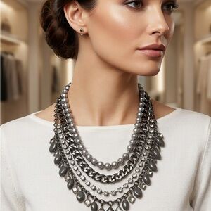 Edgy Chunky Glam Mix Media Layered Rhinestone Accents - Gunmetal & Grey Pearls